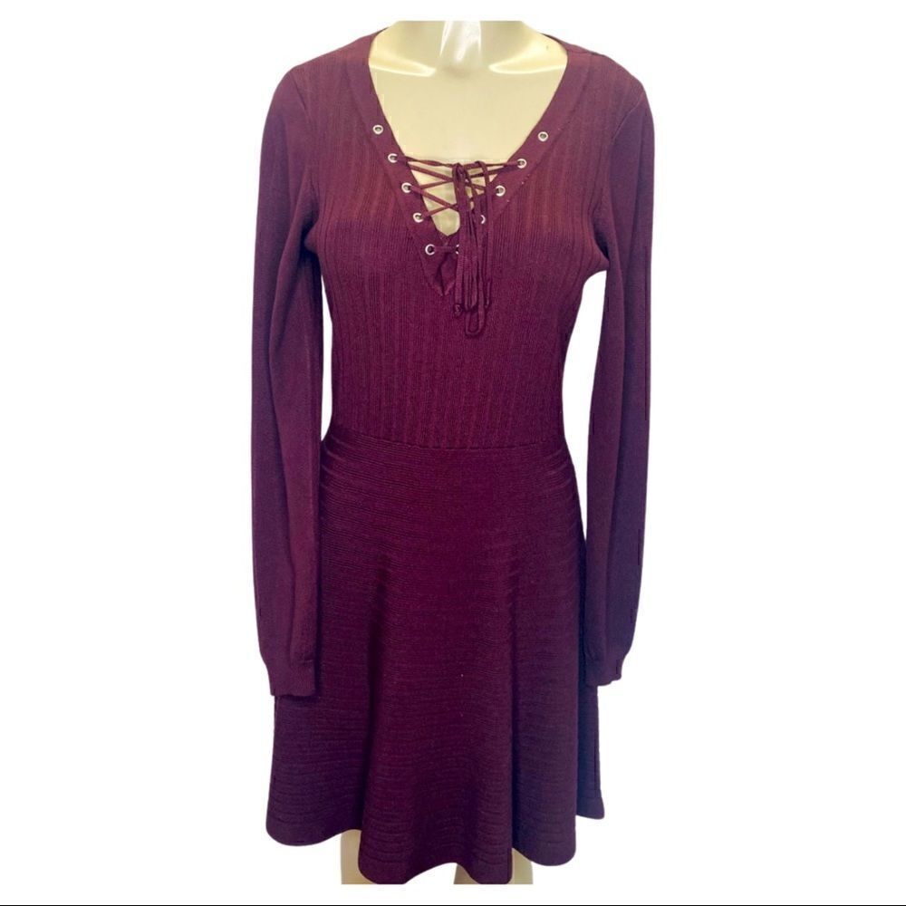 NINA LEONARD V-Neck Lace-Up Sweater Dress